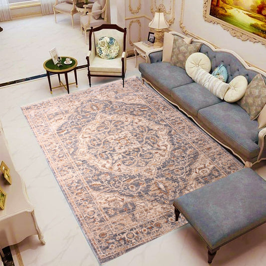 Turkish 5x8 Area Rug – Vintage Medallion Design in Blue & Beige Tones