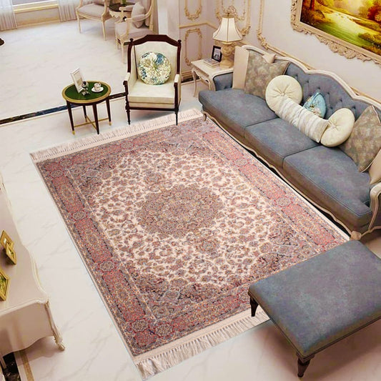 Persian 5x8 Feet Area Rug – Classic Medallion Design in Cream & Red Tone