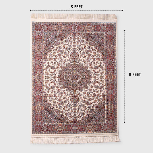 Persian 5x8 Feet Area Rug – Classic Medallion Design in Cream & Red Tone