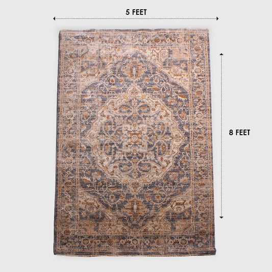 Turkish 5x8 Area Rug – Vintage Medallion Design in Blue & Beige Tones